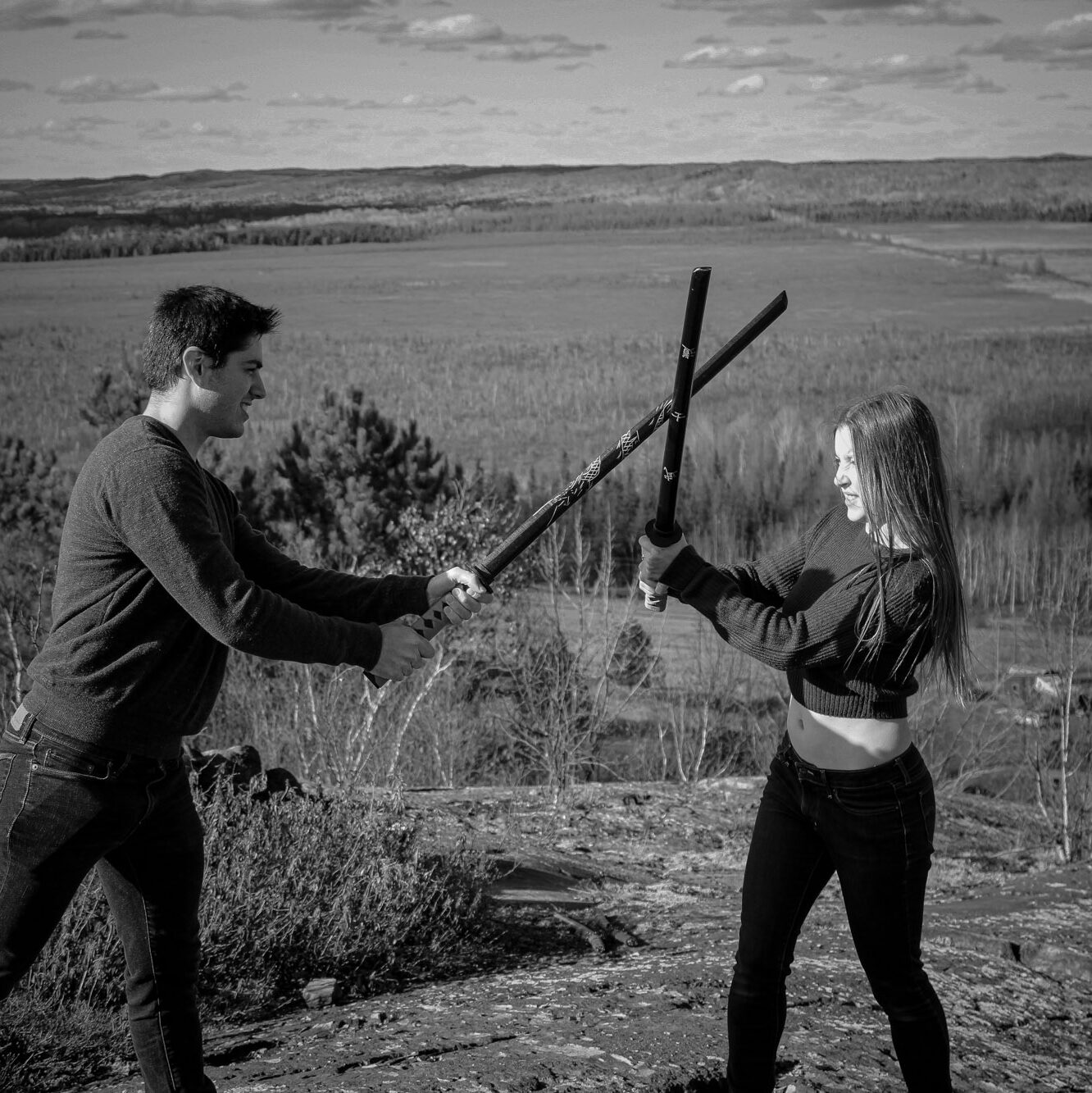 Client photoshoot on Radar Road Hanmer Ontario in black and white